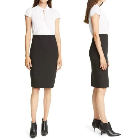 Ted Baker London Daylla Dress Size 3 US 8 Black Ivory Two Tone Mock Neck Pencil - Picture 8 of 14
